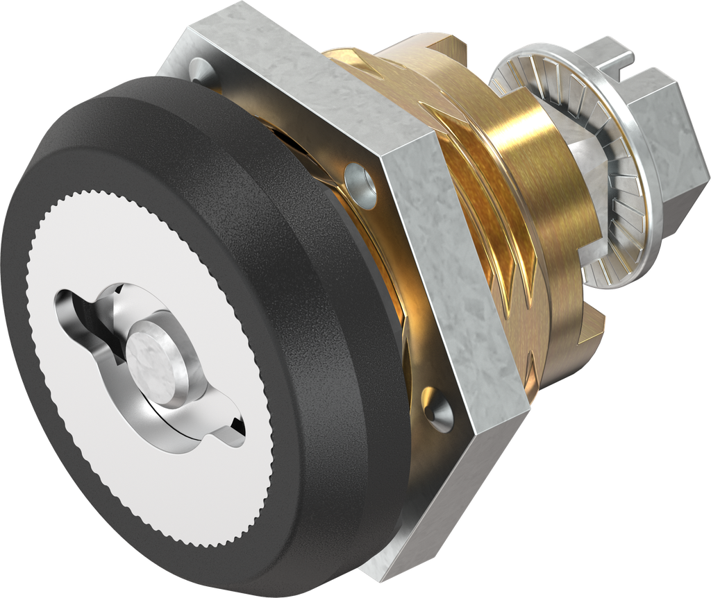 Chiusura 1/4 di giro di sicurezza doppia aletta 5 versione sinistra con copriforo antipolvere, ottone e zama nero verniciato a polvere
